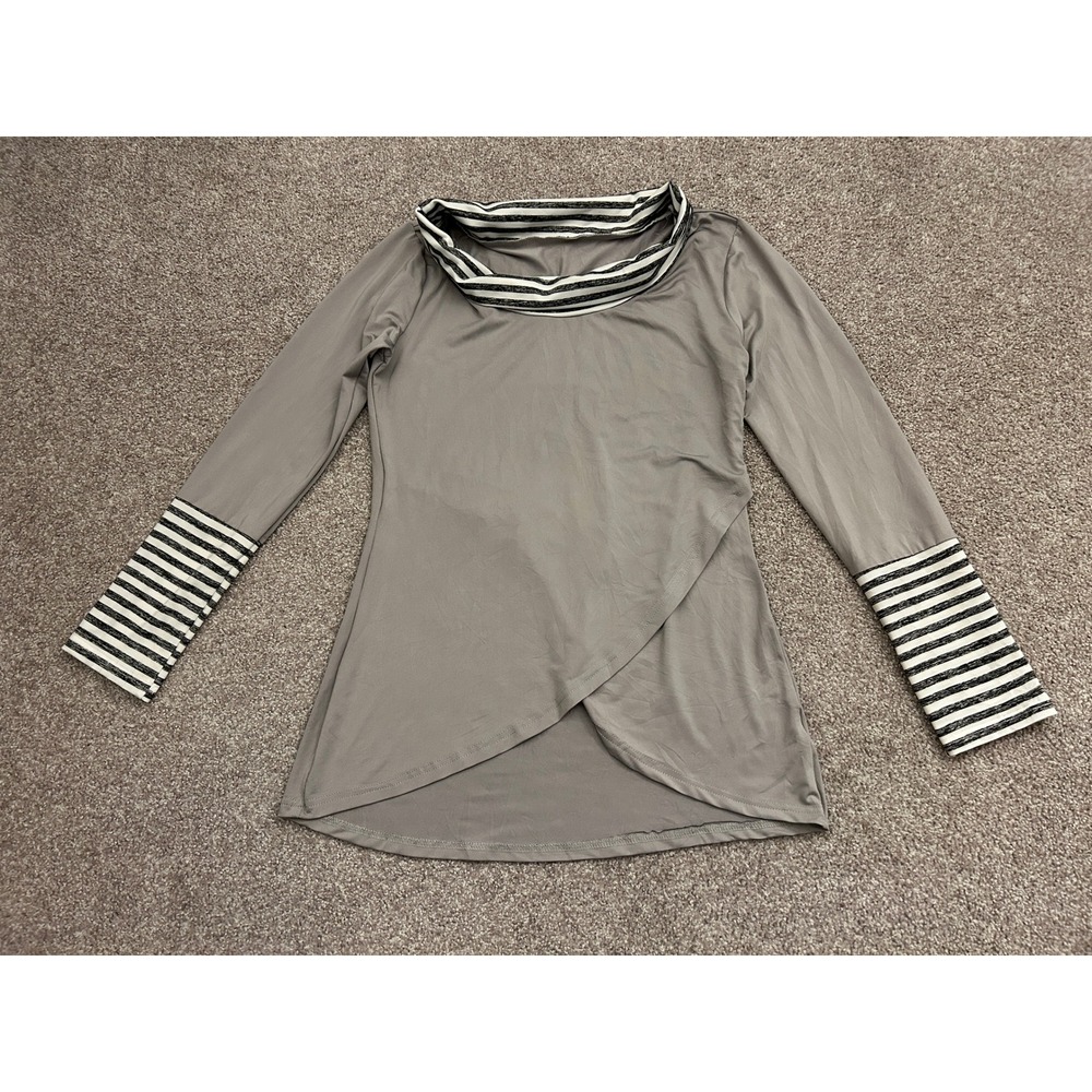 Contemporary Tulip Hem Tunic Top Womens Small Grey Striped Cowl Neck Excellent